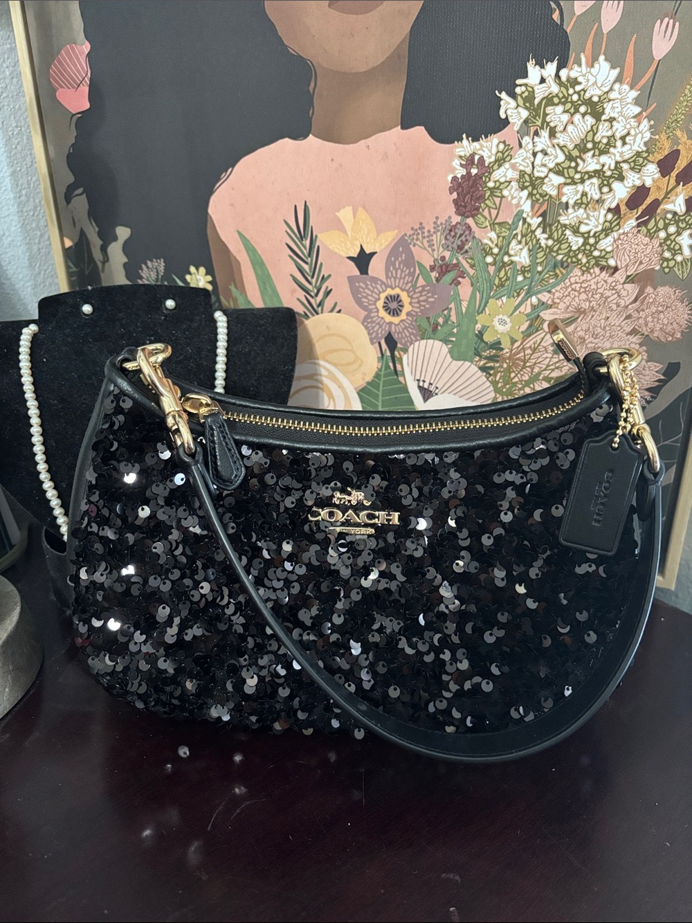 Coach Black Sequin Crescent Shoulder Bag with Gold Hardware